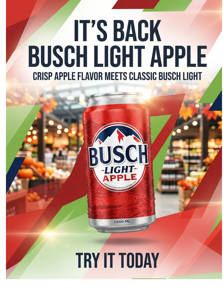 Busch Light Apple beer can with promotional text in a market setting.
