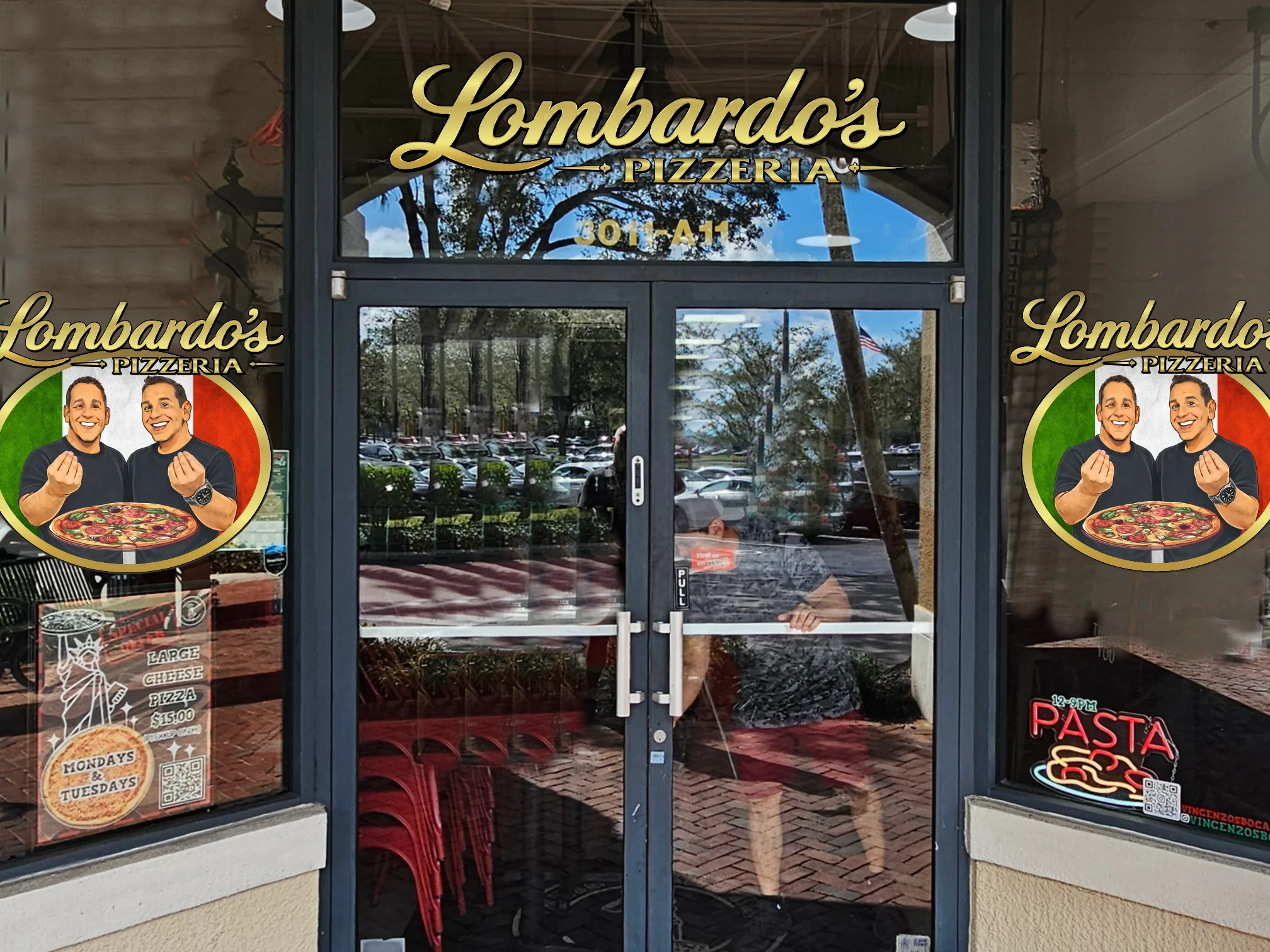 Lombardo's Pizzeria entrance with vibrant signage