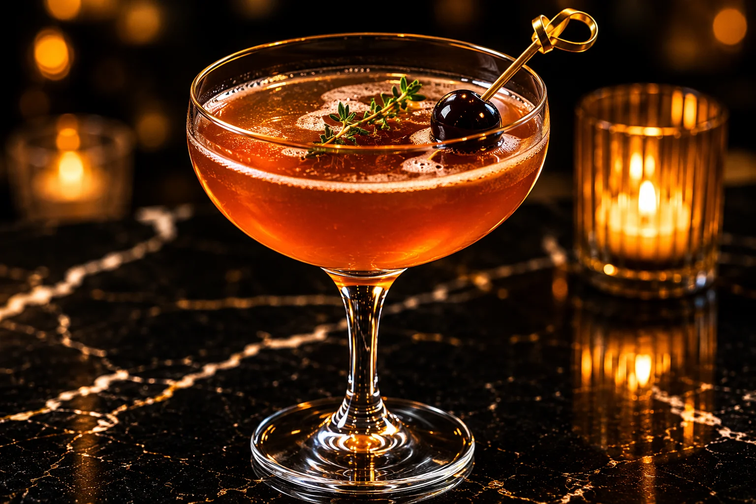 A sophisticated cocktail served in a coupe glass, garnished with a cherry and thyme. The background features soft candlelight and a dark marble surface.