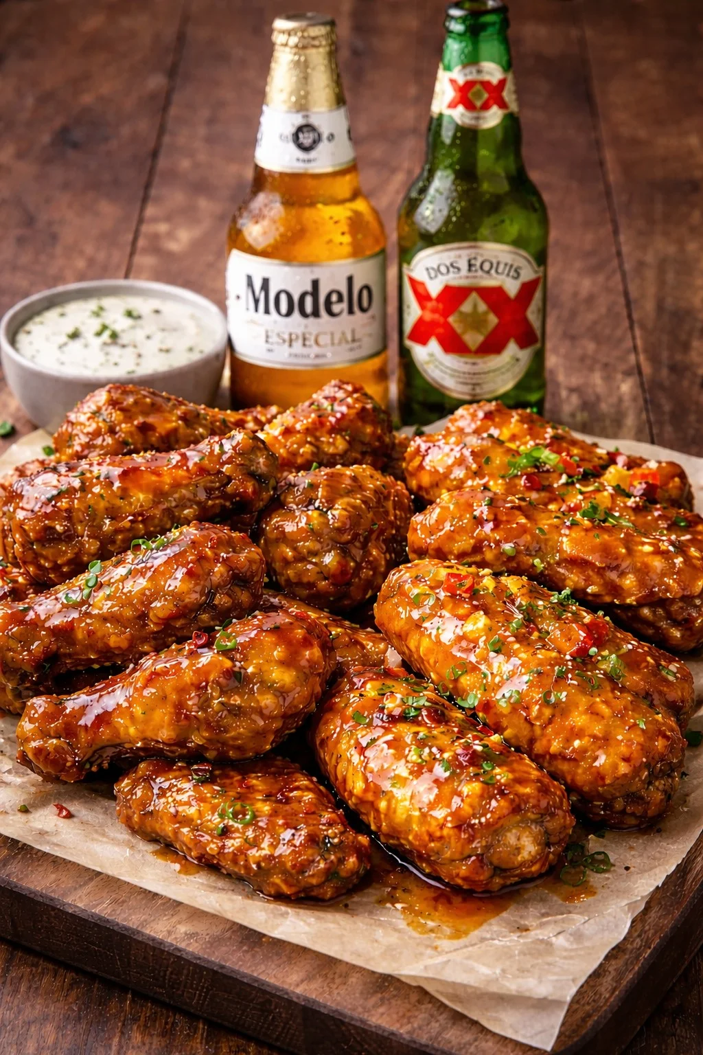 A platter of glazed chicken wings served with two beers and a bowl of dipping sauce. The wings are garnished with herbs.