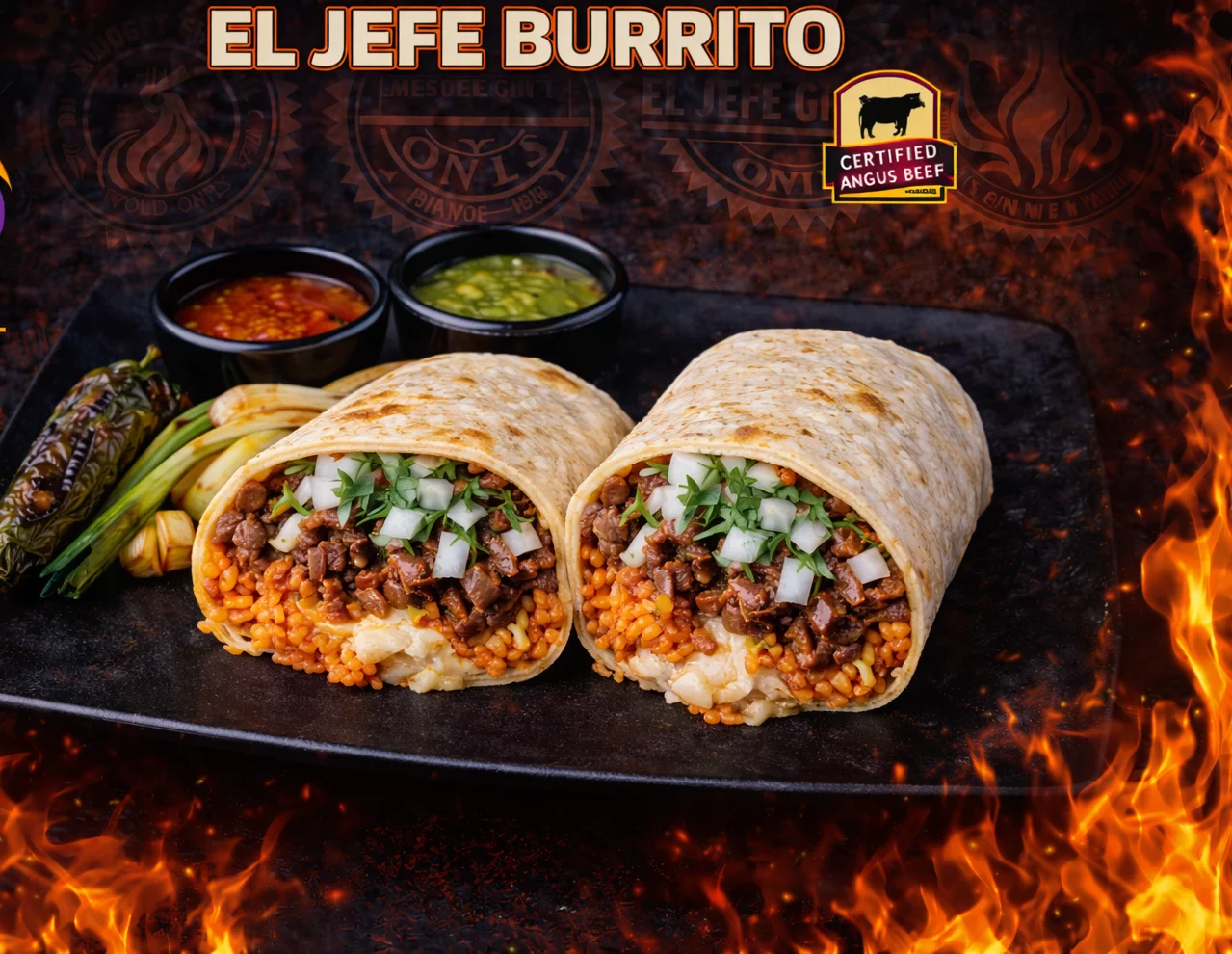 El Jefe Burrito with Angus beef and rice