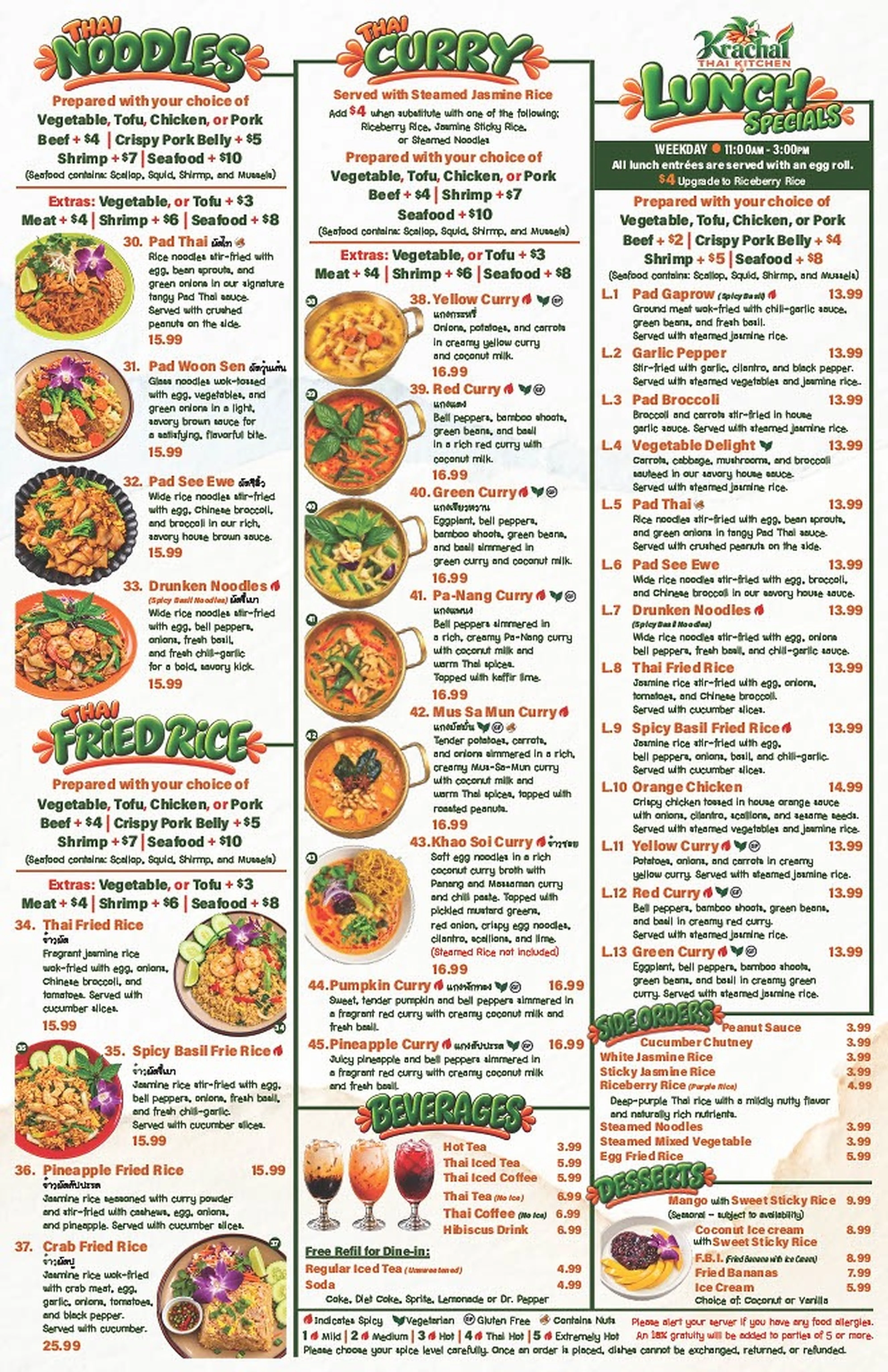 Thai restaurant menu featuring noodle, curry, fried rice, lunch specials, and desserts