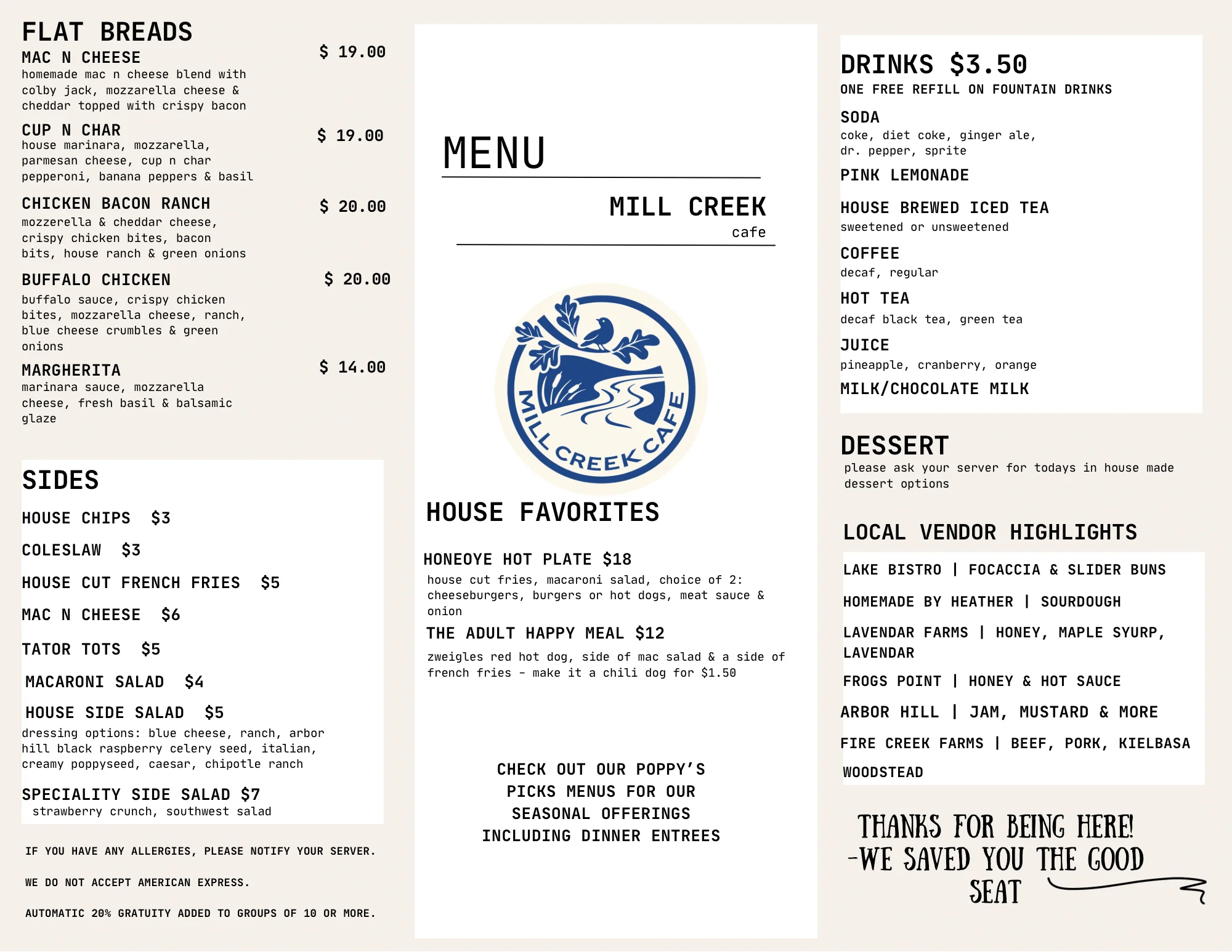 Restaurant menu featuring flatbreads, house favorites, drinks, sides, and desserts