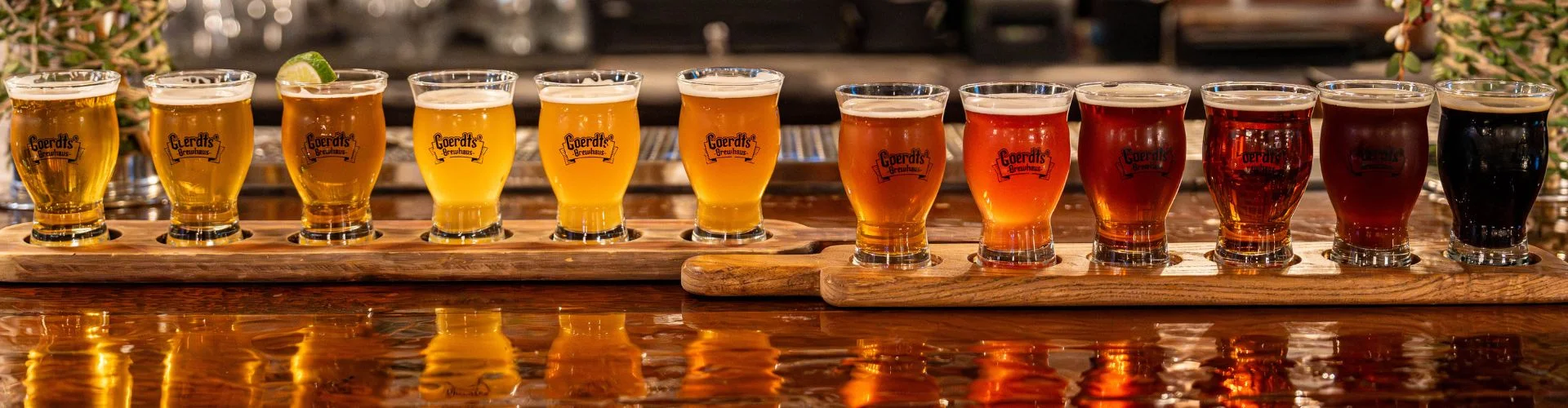 Craft beer taps in a rustic bar setting