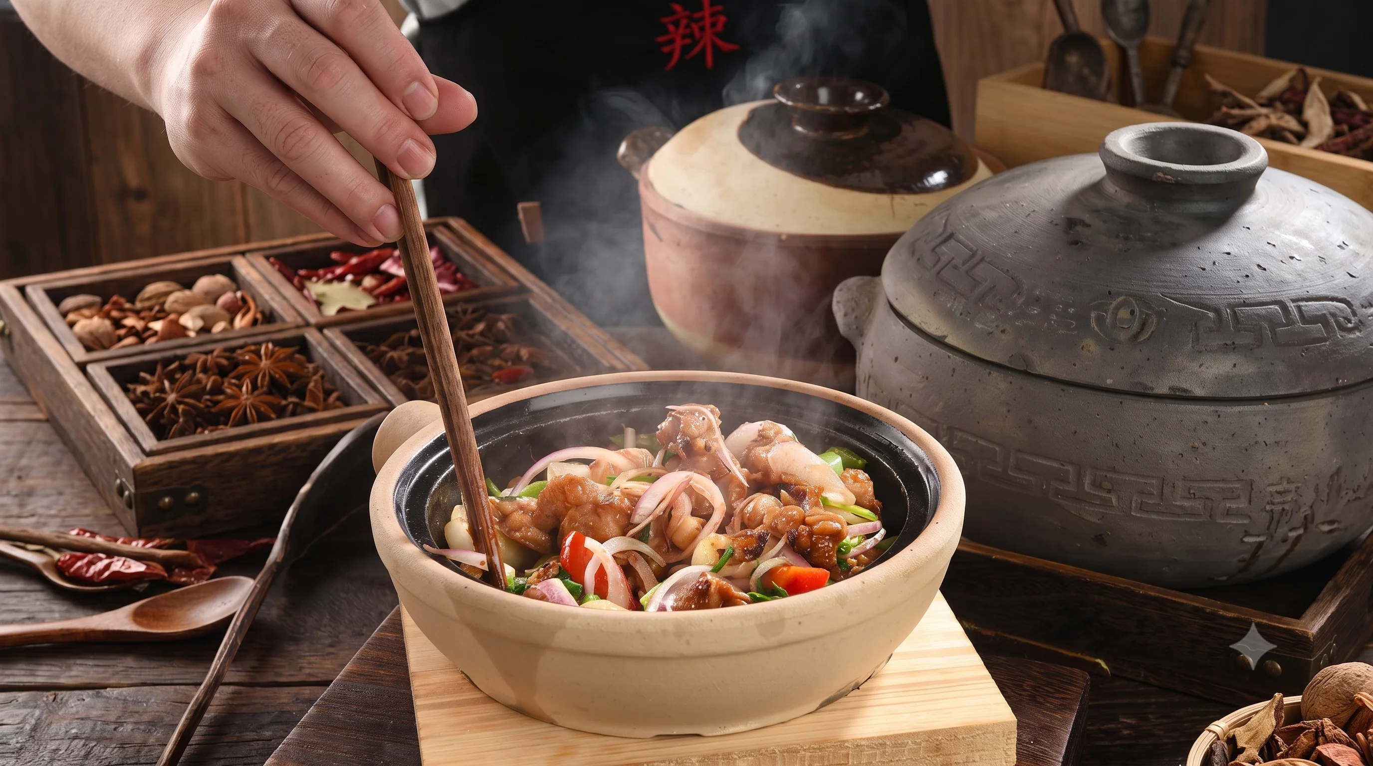 Sizzling Chinese clay pot chicken with vegetables