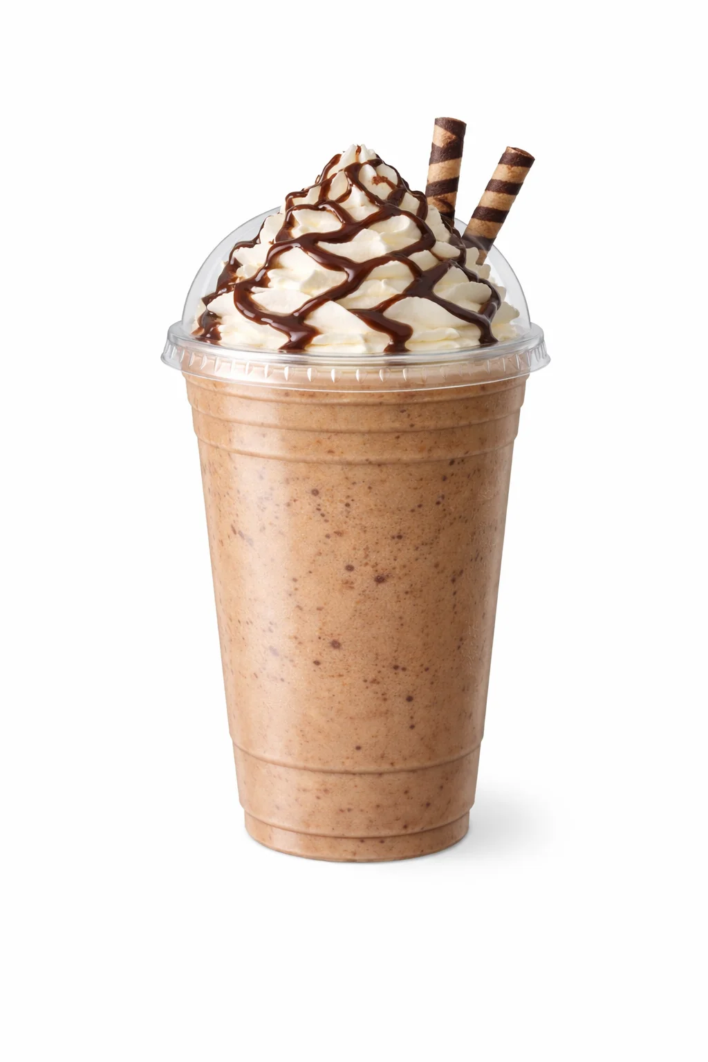 A creamy chocolate smoothie topped with whipped cream and drizzled with chocolate sauce, garnished with two chocolate wafer sticks.
