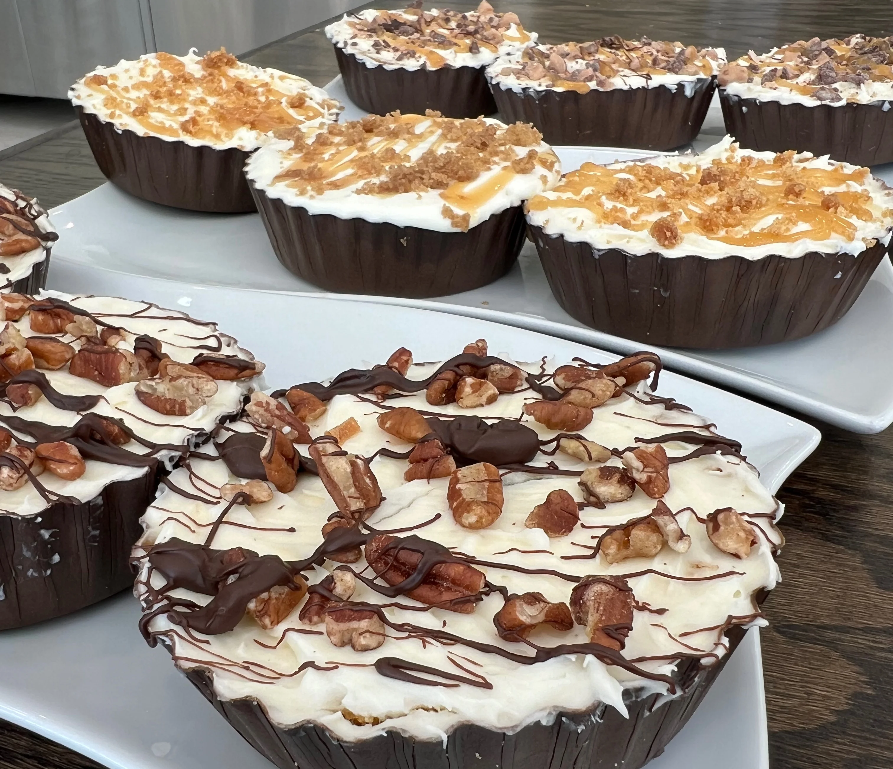 Decadent chocolate mousse cake with whipped cream and toppings