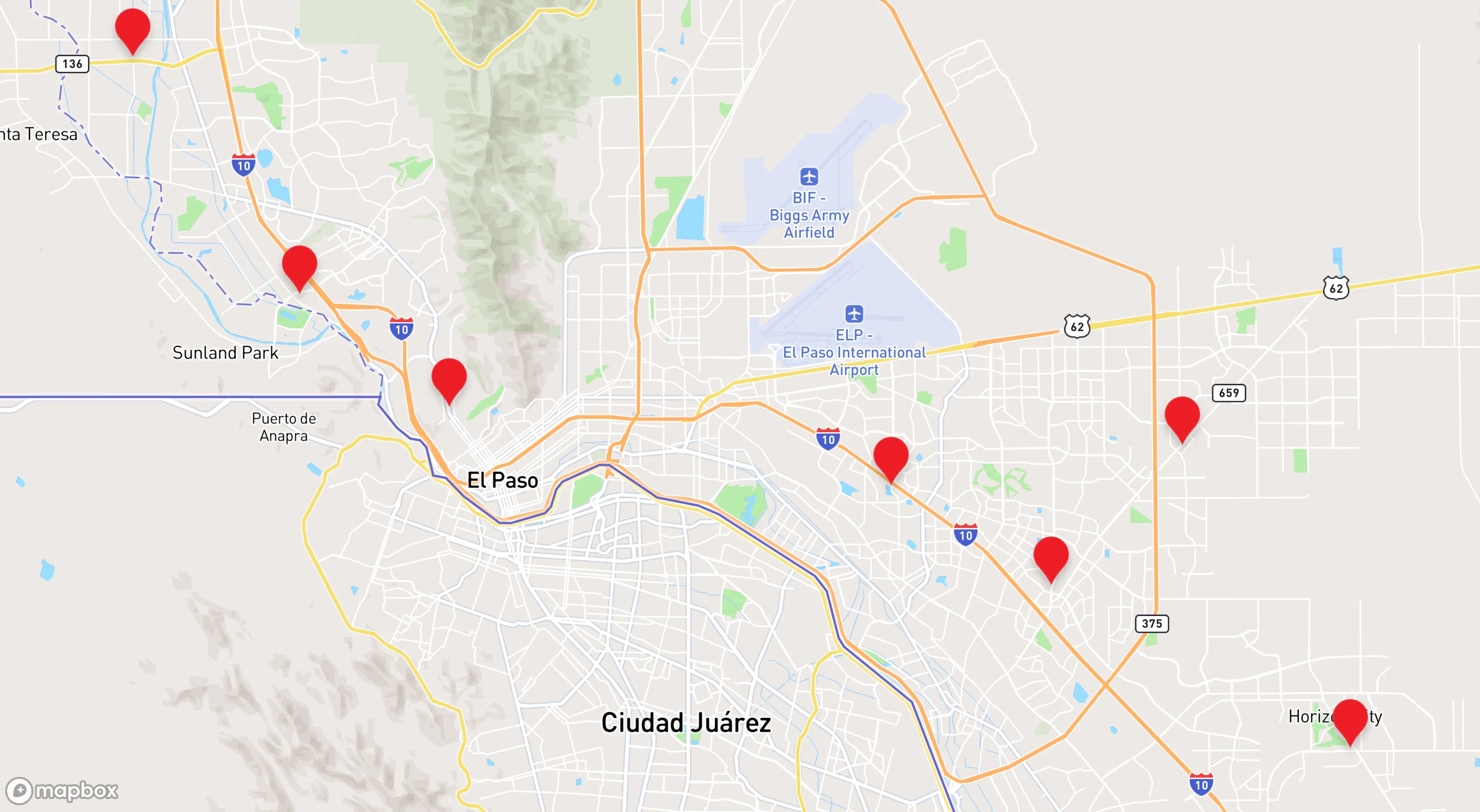 Map showing restaurant locations in El Paso and Ciudad Juárez
