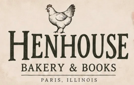 A logo featuring a hen above the text 'Henhouse Bakery & Books'. The design suggests a rustic and cozy atmosphere, emphasizing a combination of baked goods and literature.