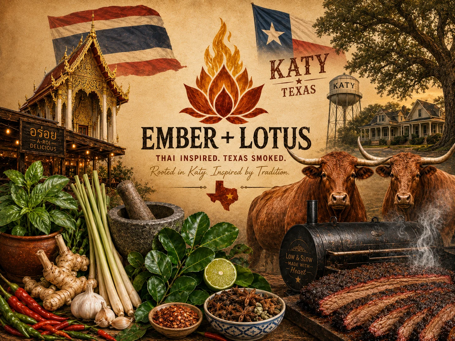 Assorted Thai herbs and spices for traditional cuisine preparation