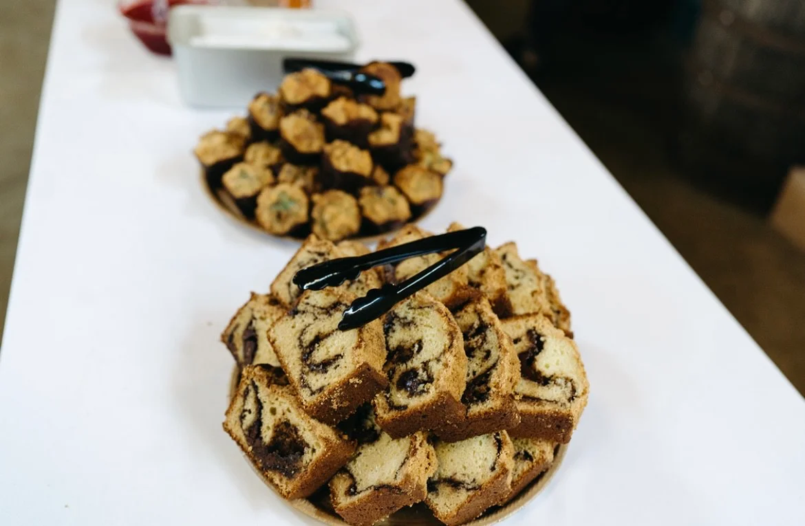Sliced babka bread on a serving platter