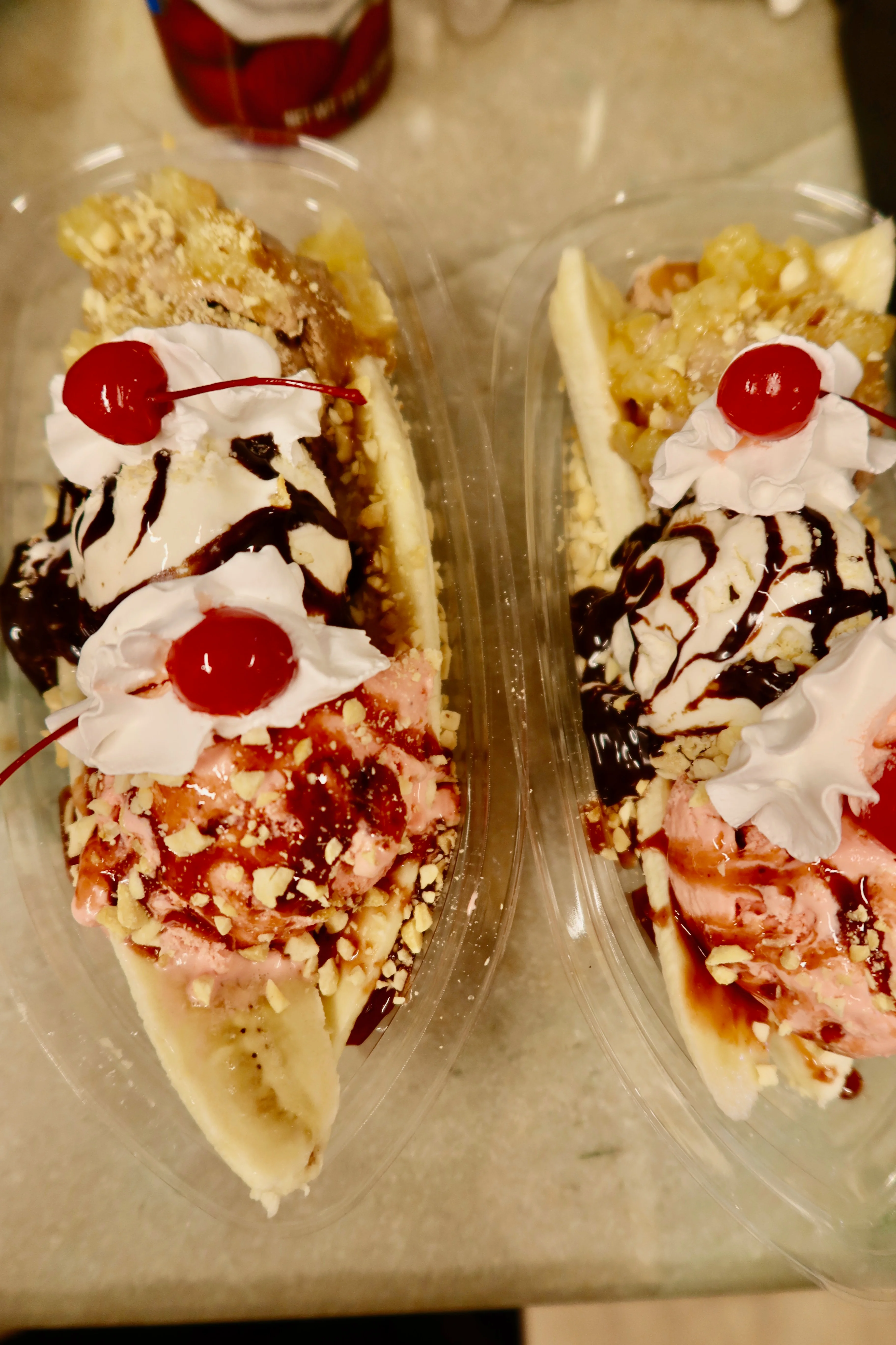 Classic American banana split dessert with ice cream and toppings