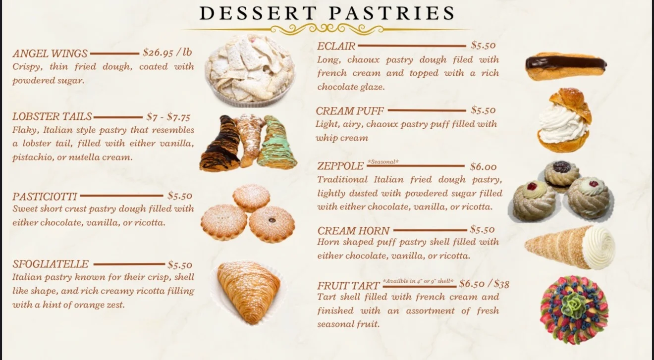 Italian dessert pastries assortment including eclairs and cream puffs