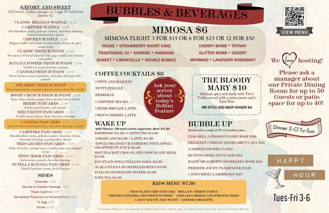 Brunch menu featuring Belgian waffles and coffee cocktails
