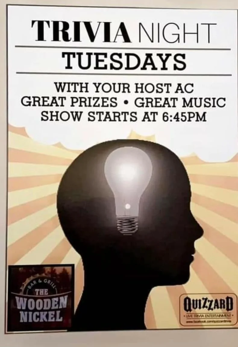 Trivia night poster at The Wooden Nickel bar
