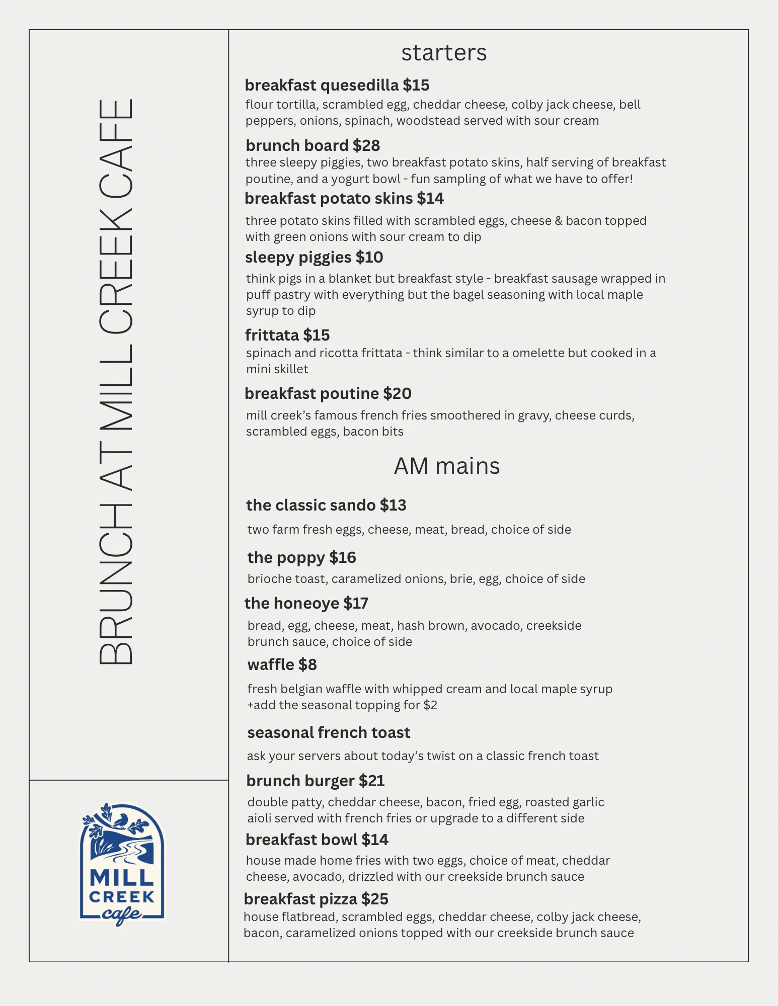 Brunch restaurant menu featuring breakfast starters and AM mains