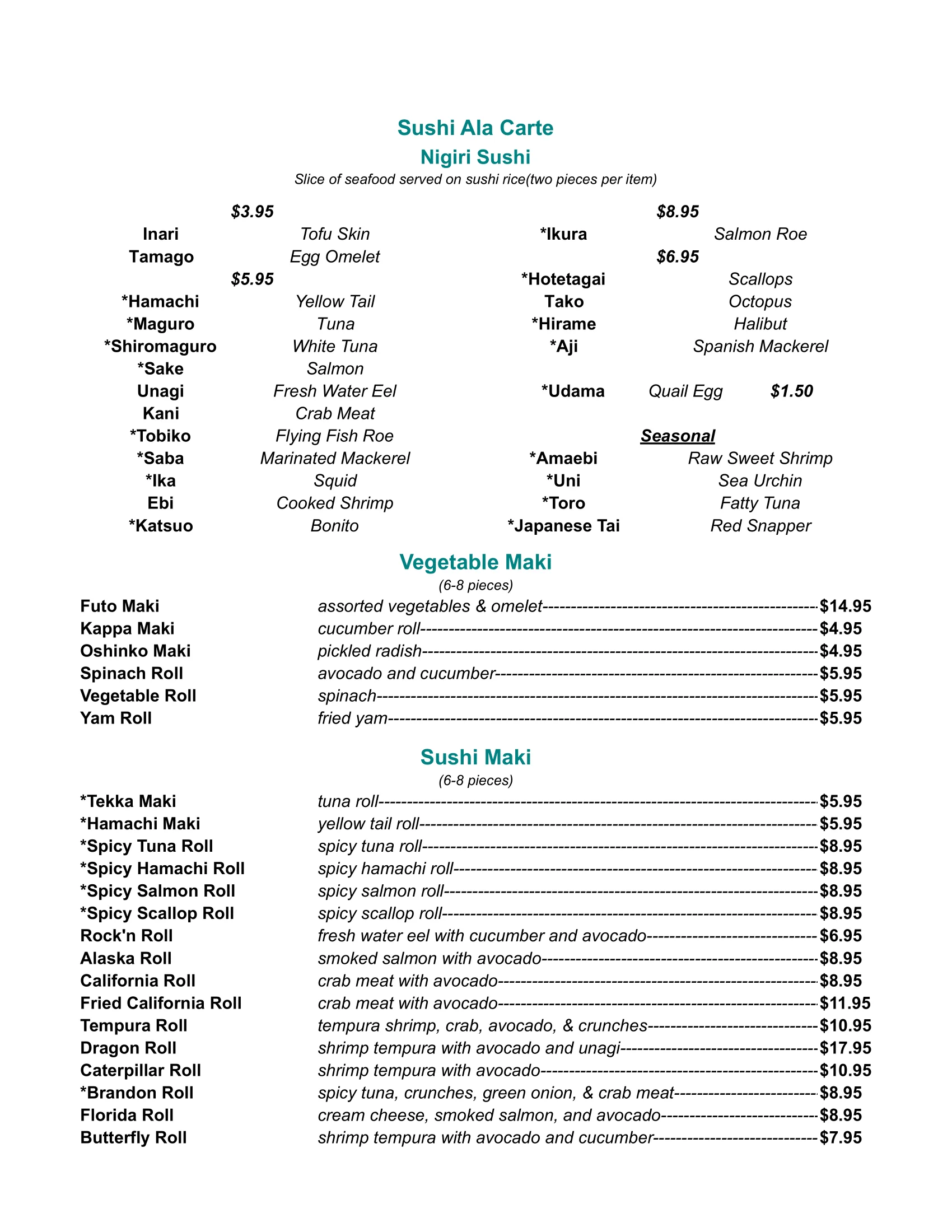Japanese sushi menu featuring nigiri and maki rolls