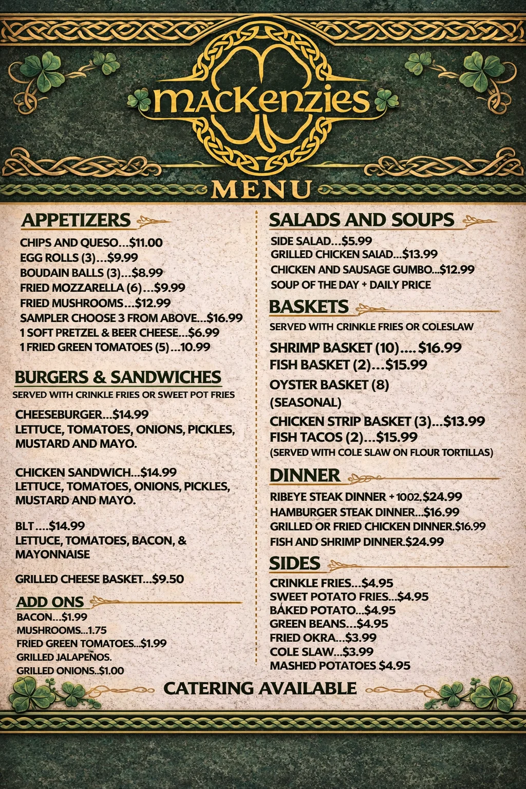 New restaurant menu featuring a variety of dishes and drinks.
