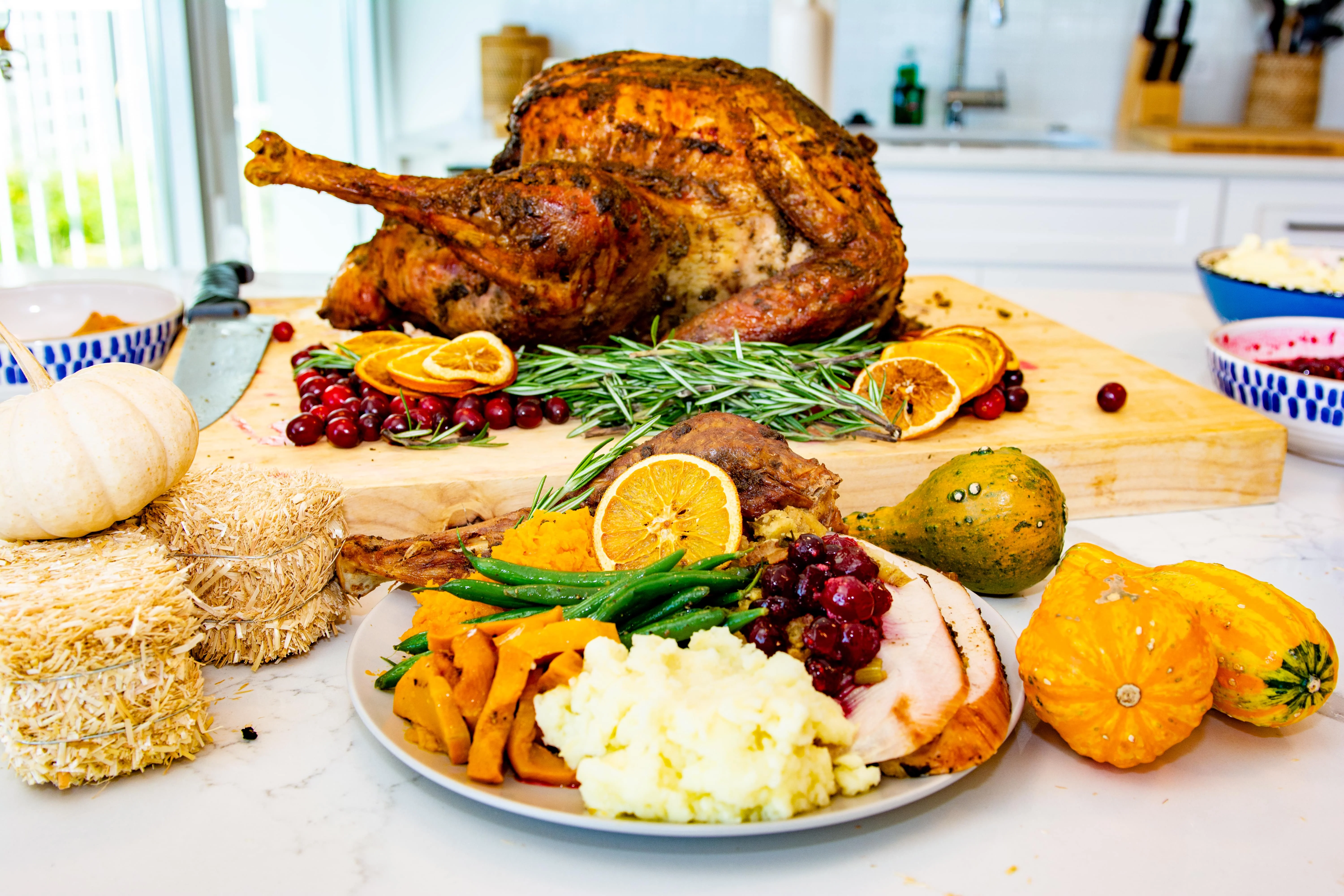 Thanksgiving turkey with sides on a festive table