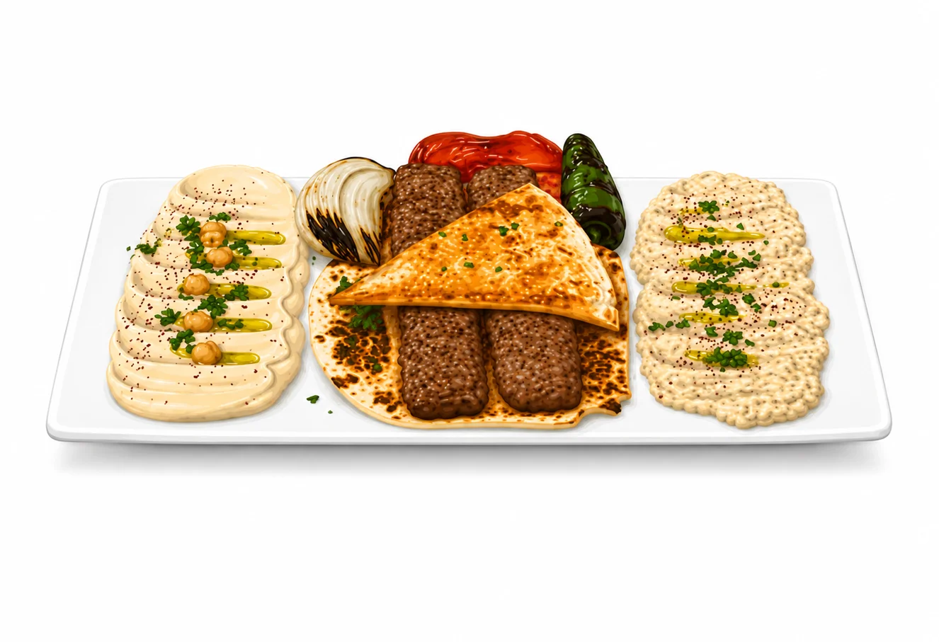 Mediterranean kebab platter with hummus and pita bread