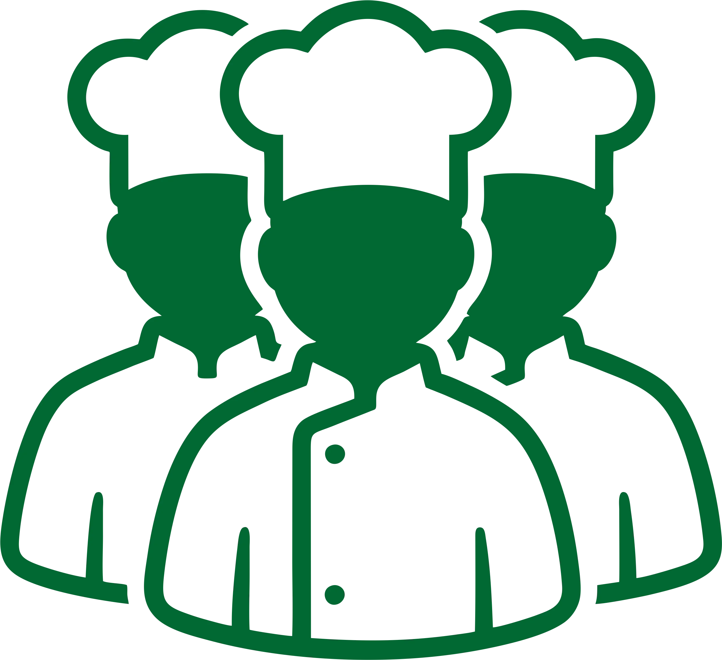 Three chefs in uniform with hats, symbolizing culinary teamwork