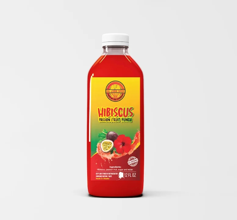 A bottle of hibiscus passion fruit punch featuring vibrant colors and tropical imagery.