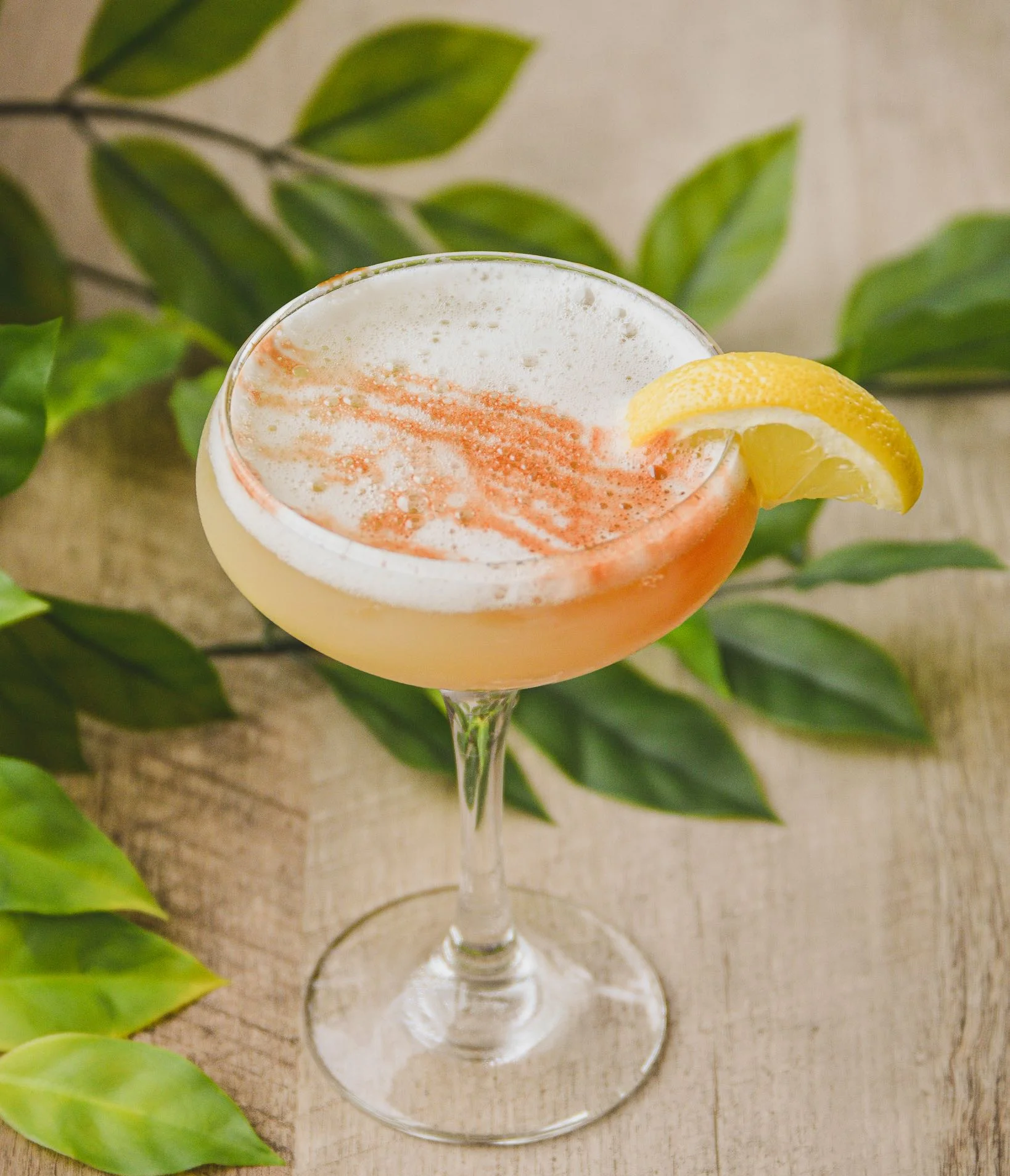 Rye Whiskey Sour with greenery behind it