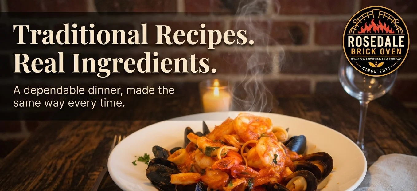Seafood pasta dish in a rustic Italian restaurant setting