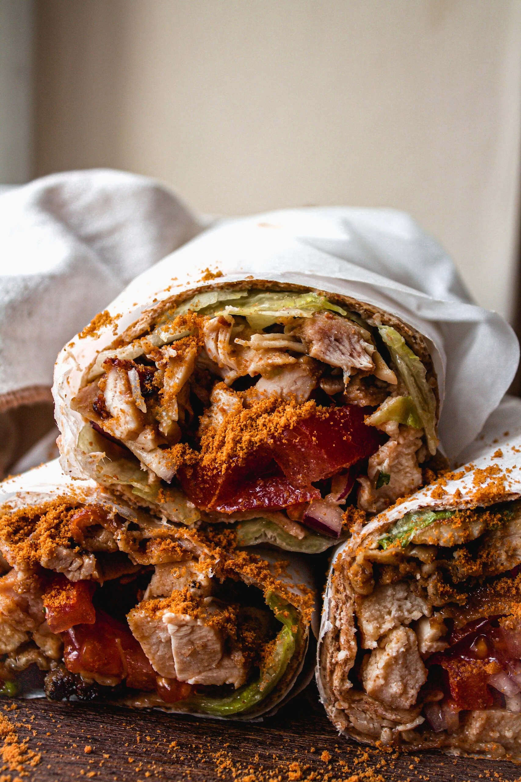 Delicious chicken shawarma wrap with fresh vegetables