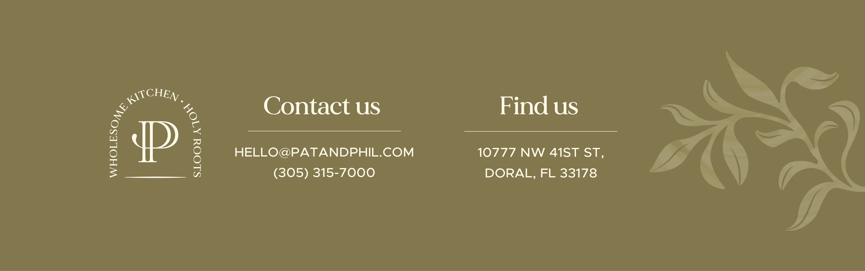 Contact information and location details for a restaurant on a stylish background