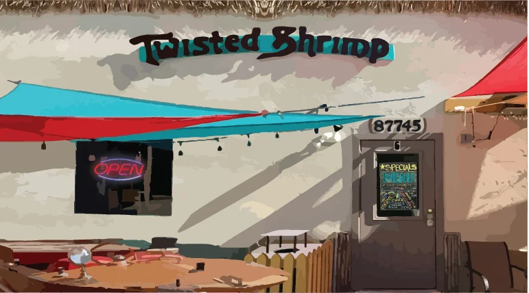 Exterior of Twisted Shrimp restaurant with colorful awnings