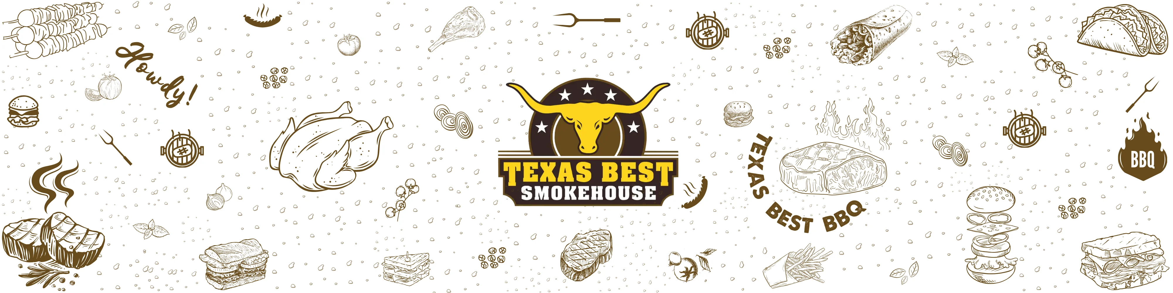 Texas BBQ restaurant logo with various smoked meats and dishes