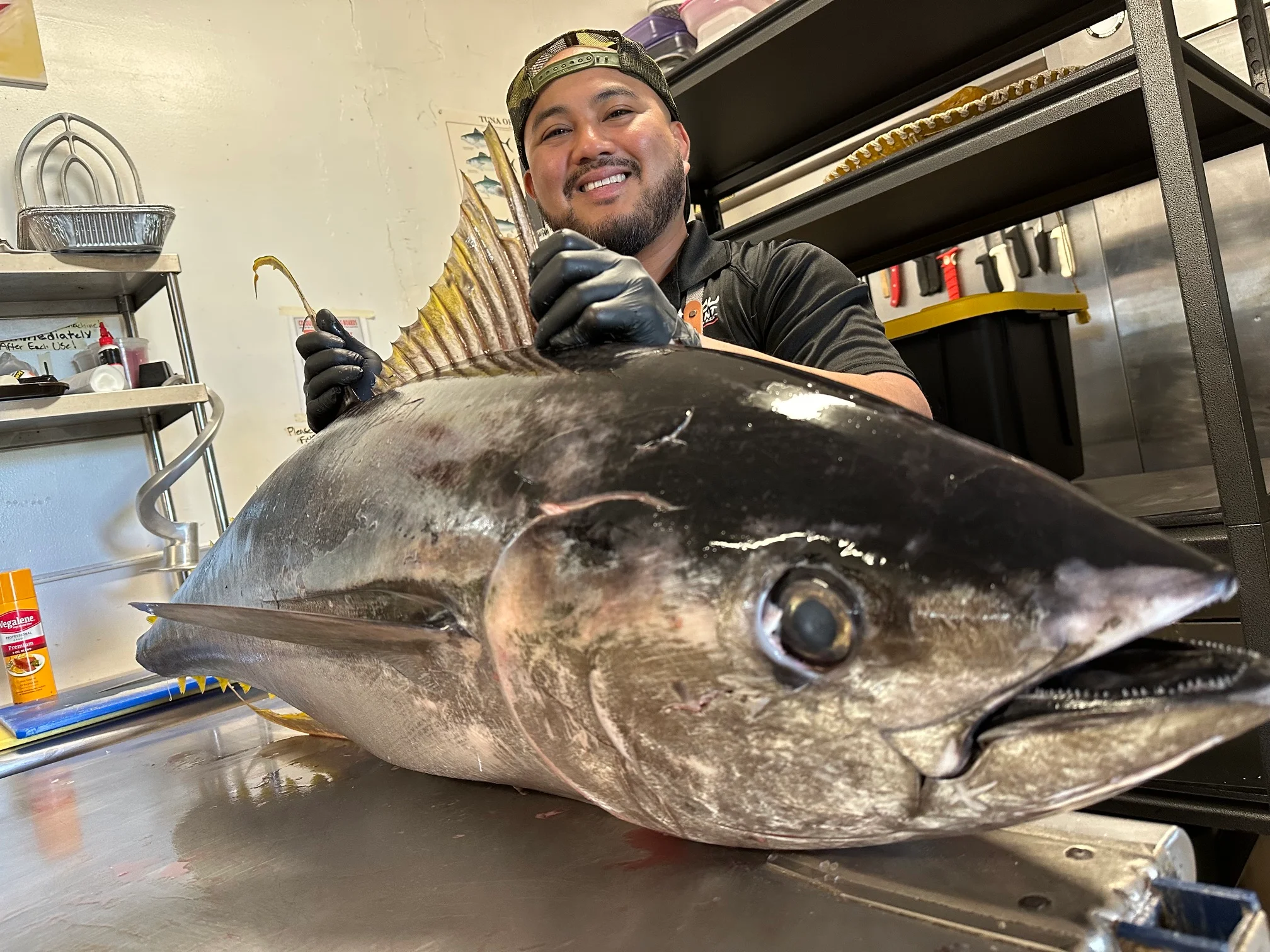 A person holding a large fish in a kitchen setting, showcasing fresh seafood.
