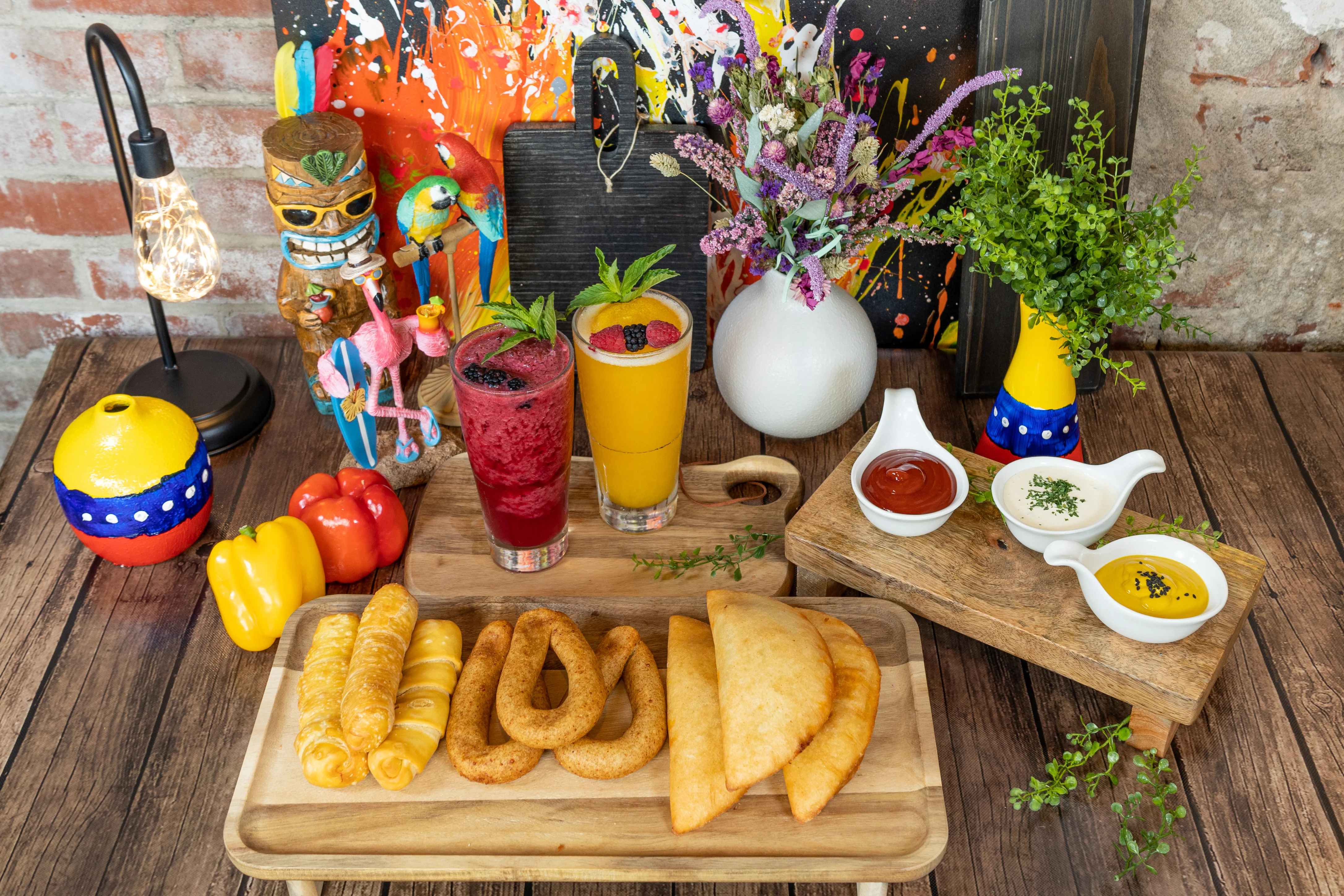 Colorful Latin American appetizers with refreshing drinks