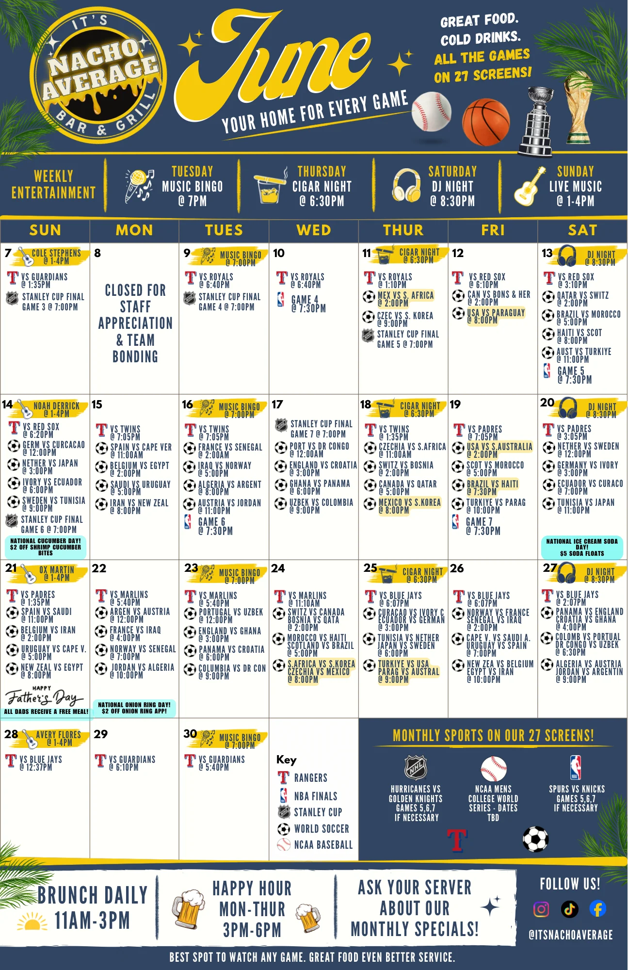 June event calendar for Nacho Average Bar & Grill with sports and entertainment schedule