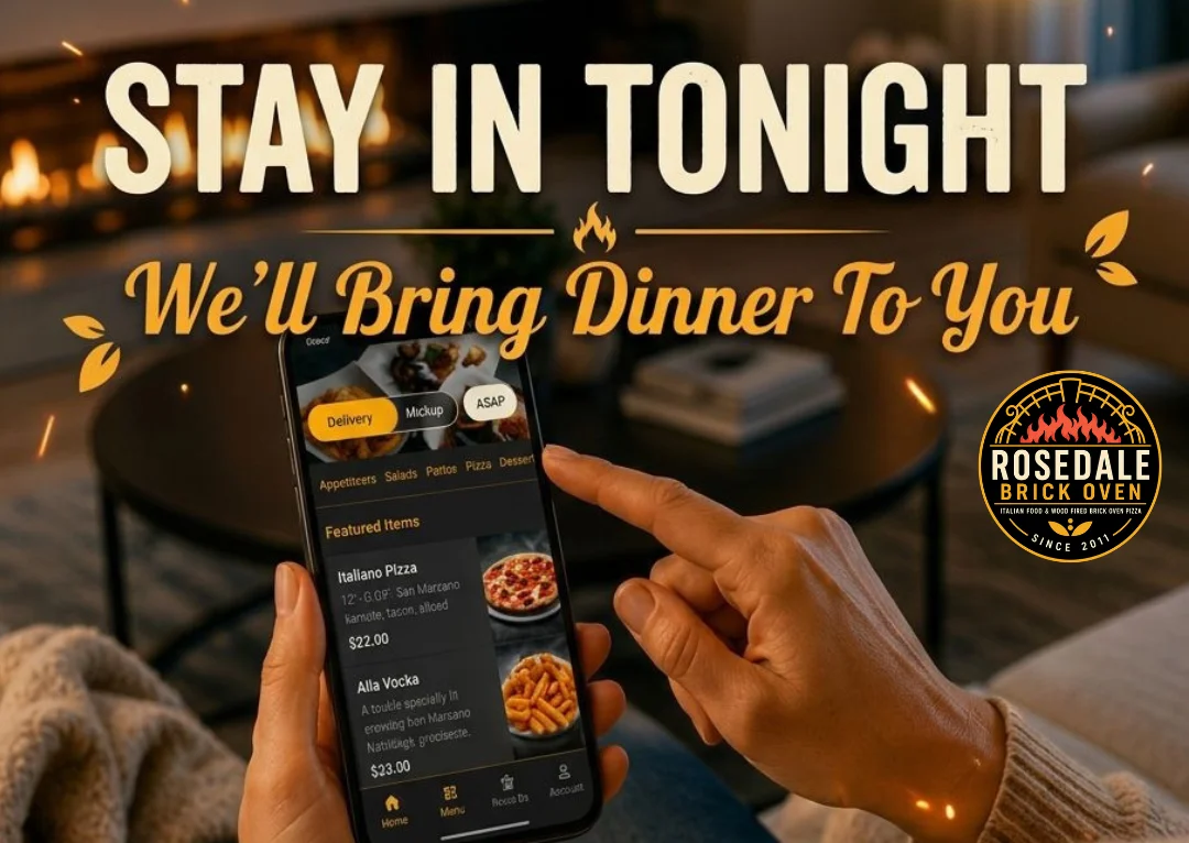 Cozy living room with pizza delivery app on smartphone