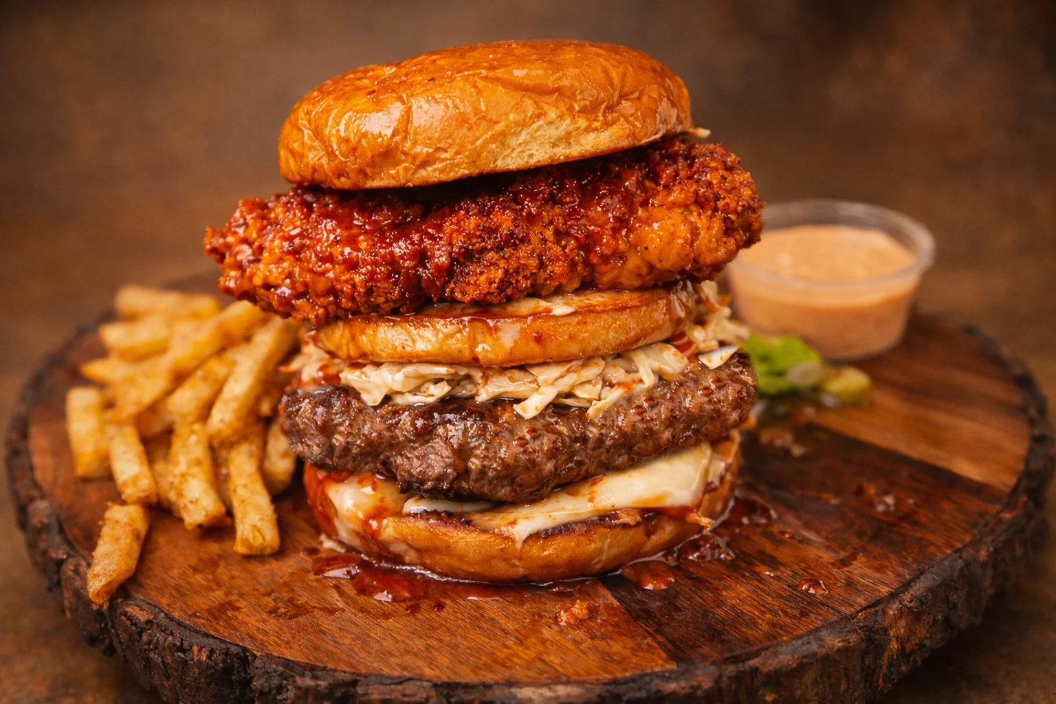 Stacked Southern-style burger with fried chicken and beef patty