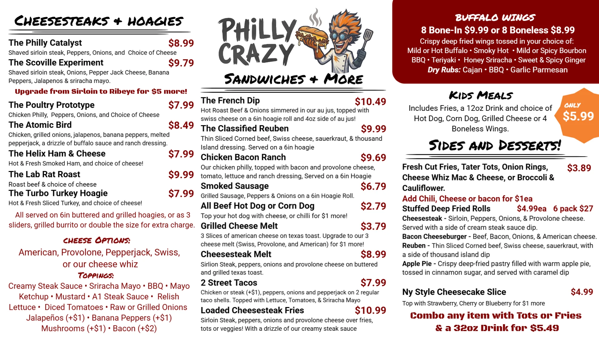 Menu featuring various Philly cheesesteaks and sides