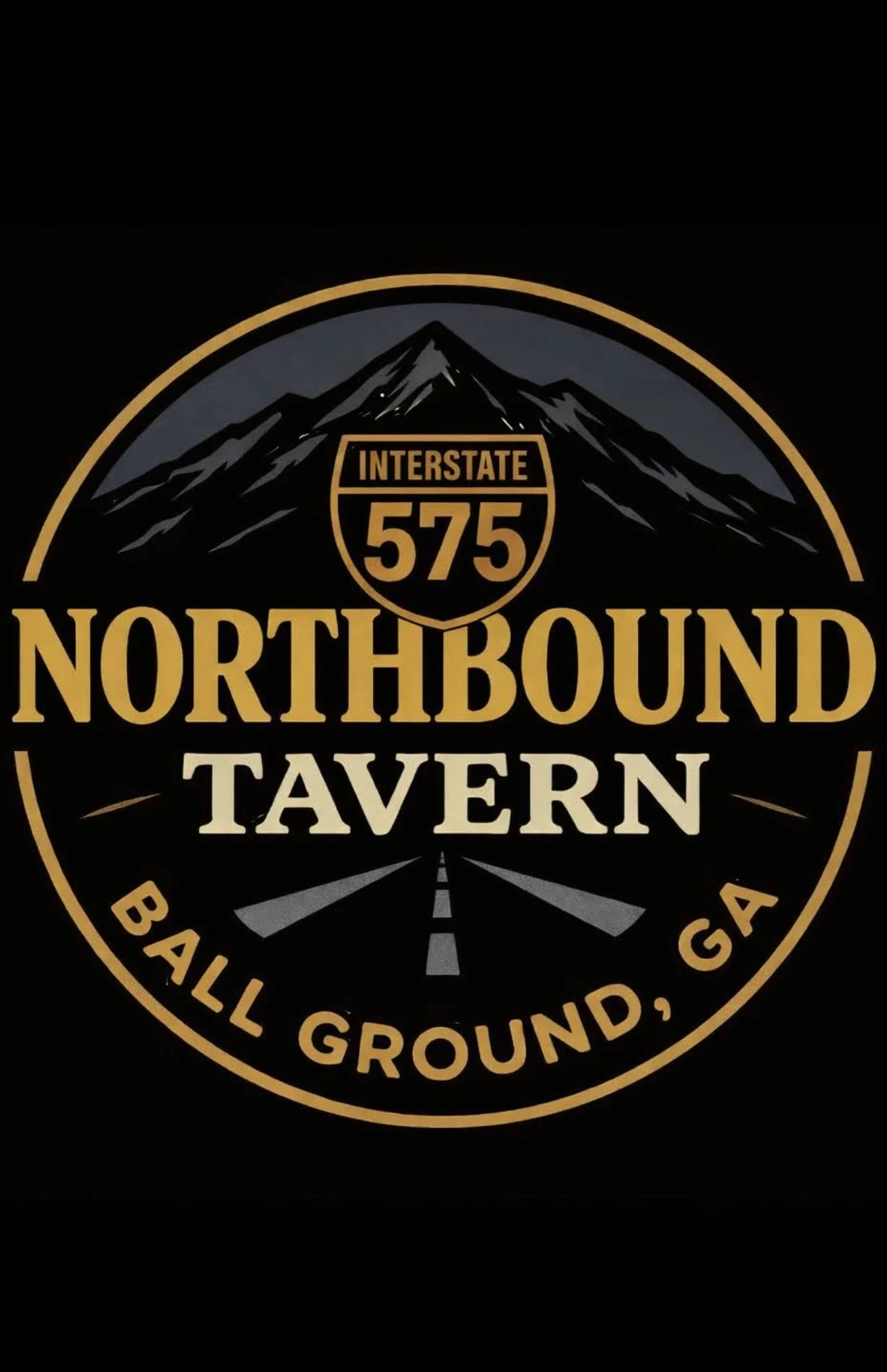 A logo featuring a circular design with a mountain silhouette, the words 'NORTHBOUND TAVERN', and 'INTERSTATE 575'. The background is black with golden and white text.