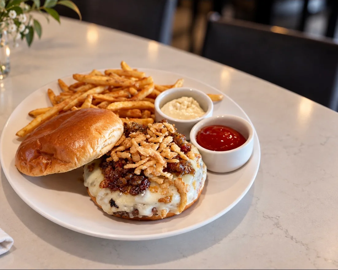 Gourmet cheeseburger with fries and dipping sauces on a restaurant table