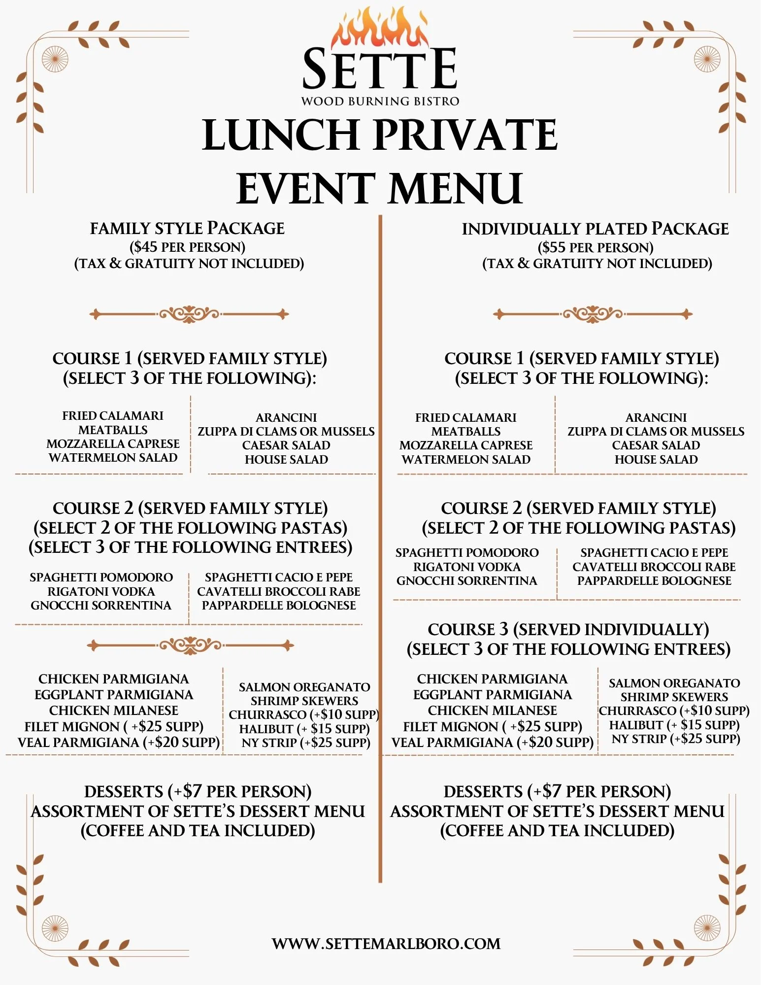 Private event menu featuring various gourmet dishes and beverages.