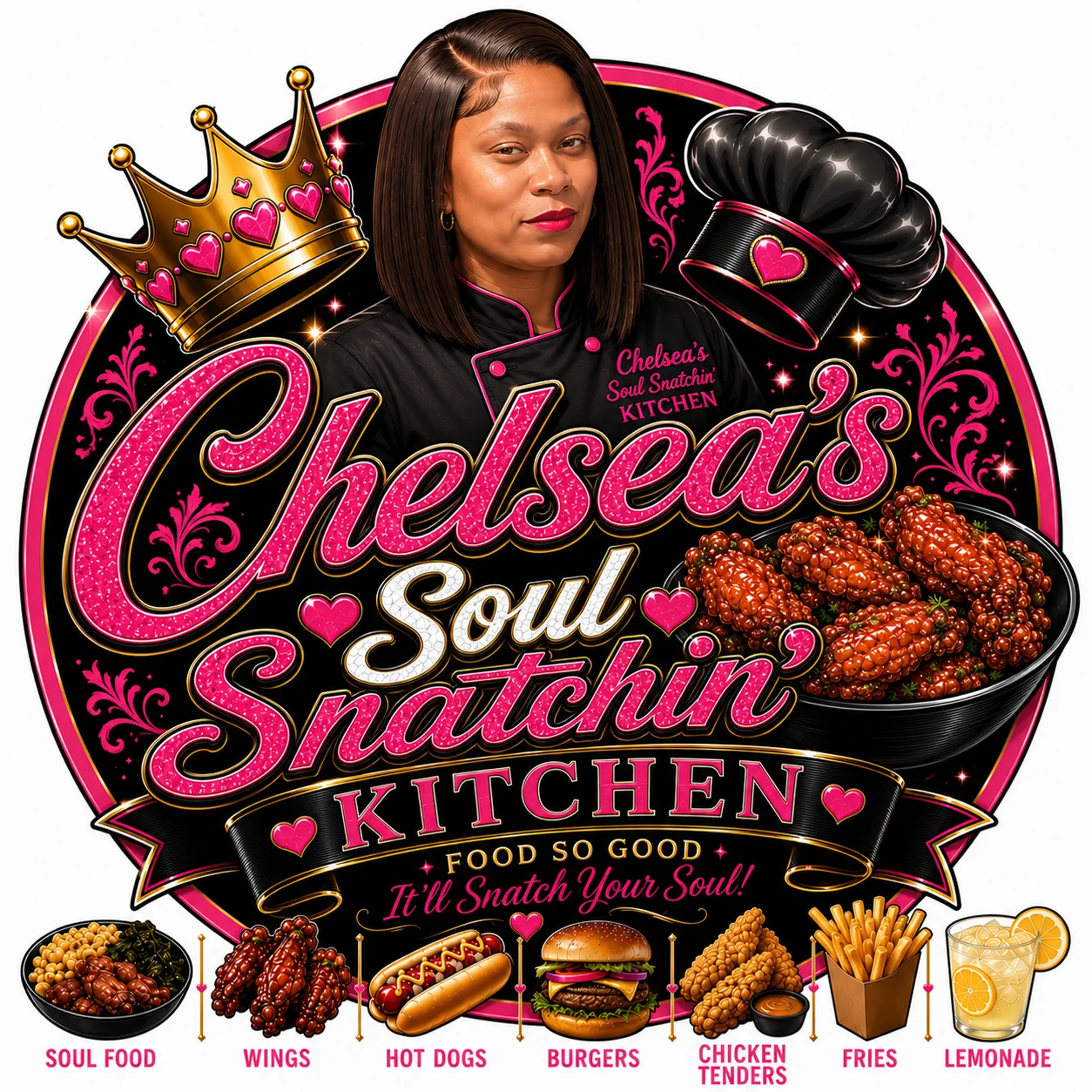 A colorful advertisement for a soul food kitchen, featuring various dishes like wings, burgers, and hot dogs, along with a logo and slogan.