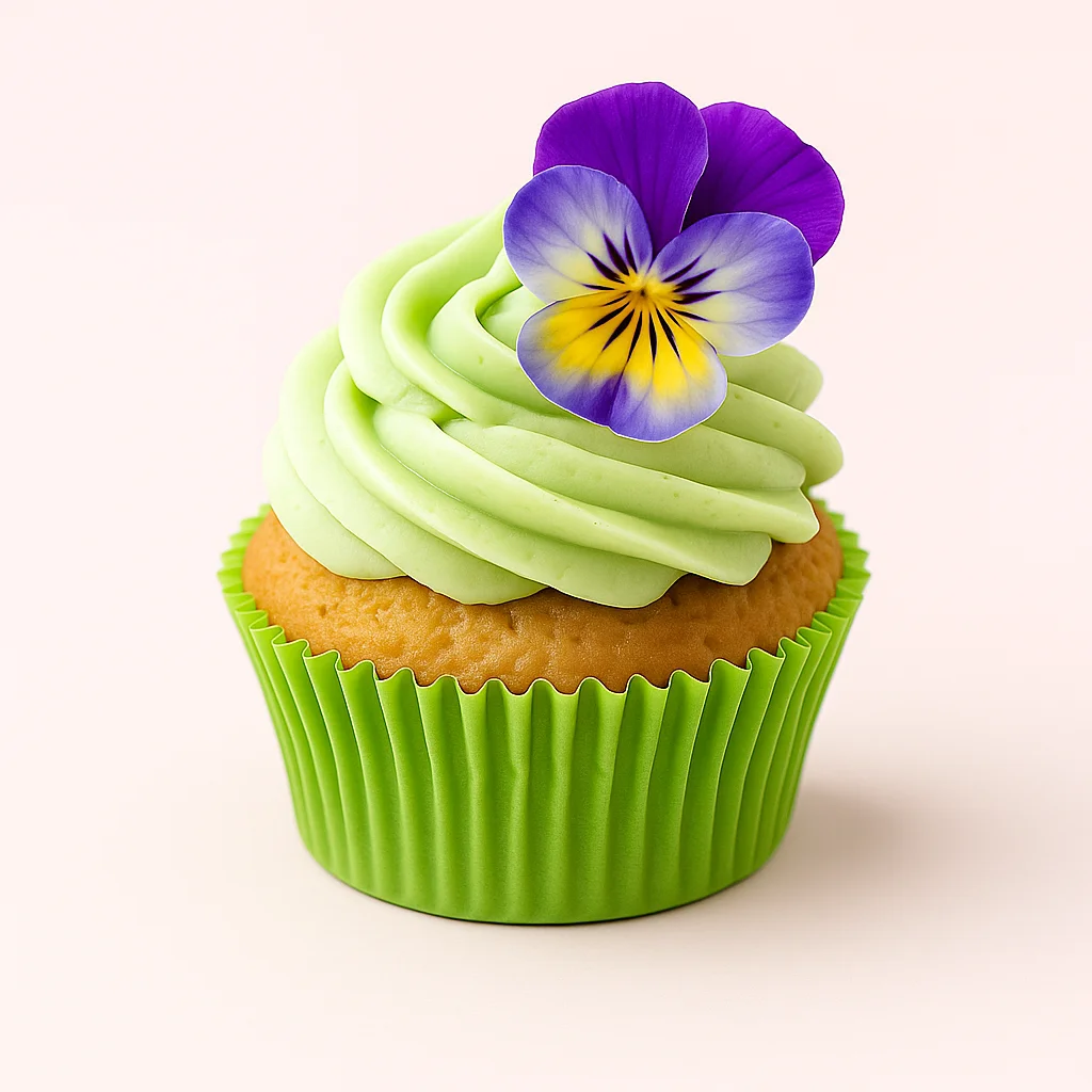 Decorative green cupcake with floral topping