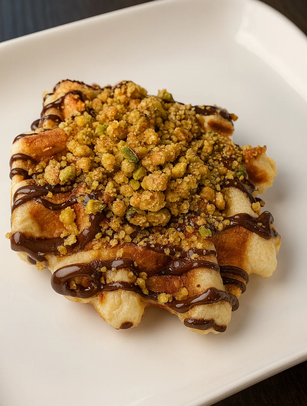 Gourmet Belgian waffle topped with chocolate and crumble
