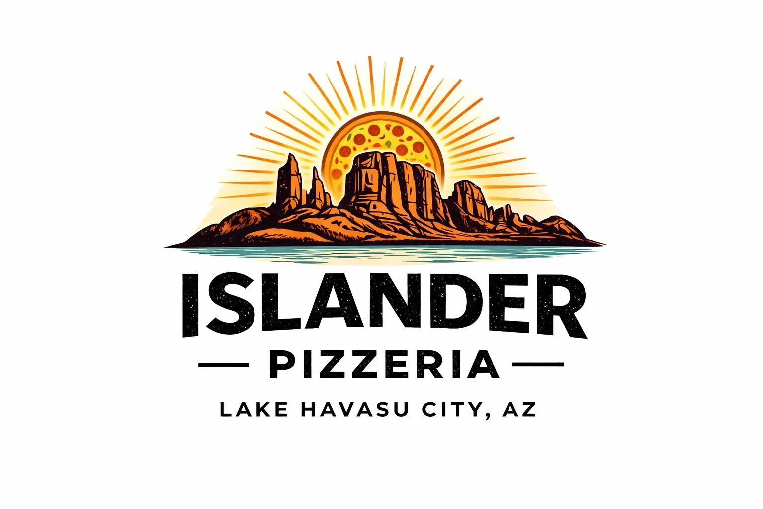 Islander Pizzeria logo featuring a sun and rock formations