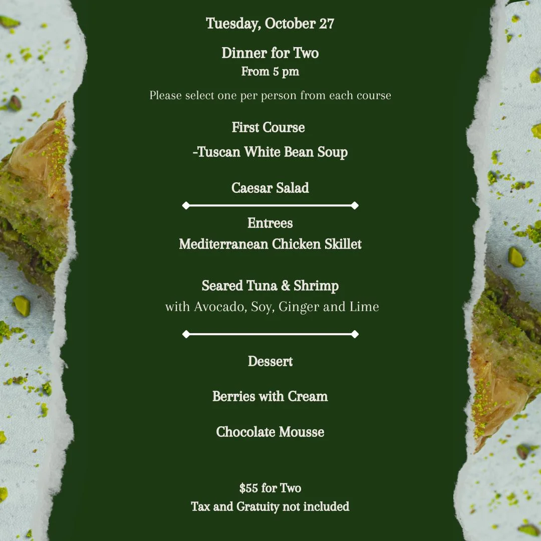 Restaurant dinner-for-two menu graphic with courses and dessert selections