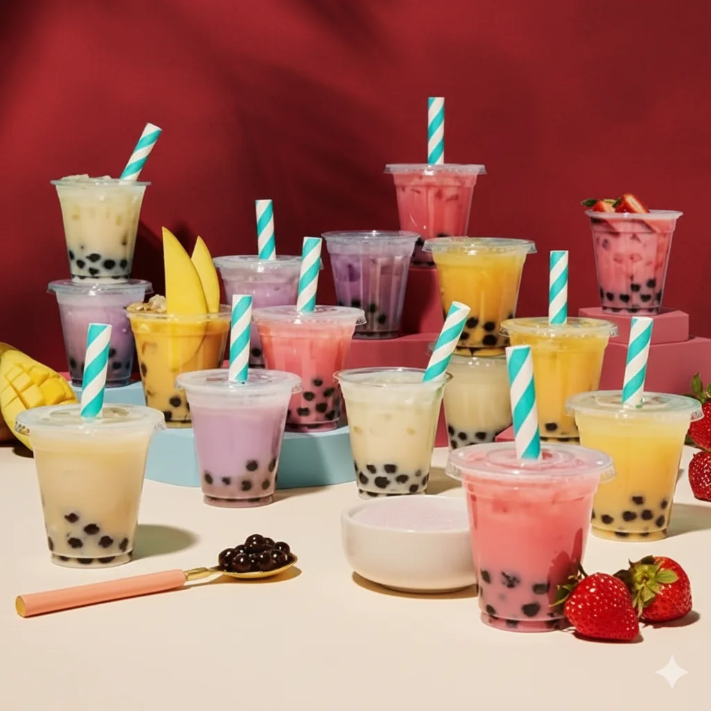 Colorful bubble tea drinks with tapioca pearls