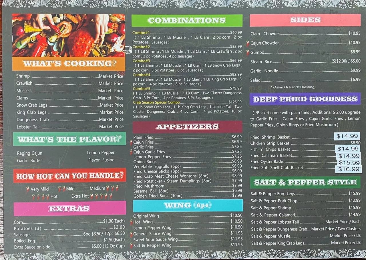 Seafood boil menu featuring Cajun and Southern dishes