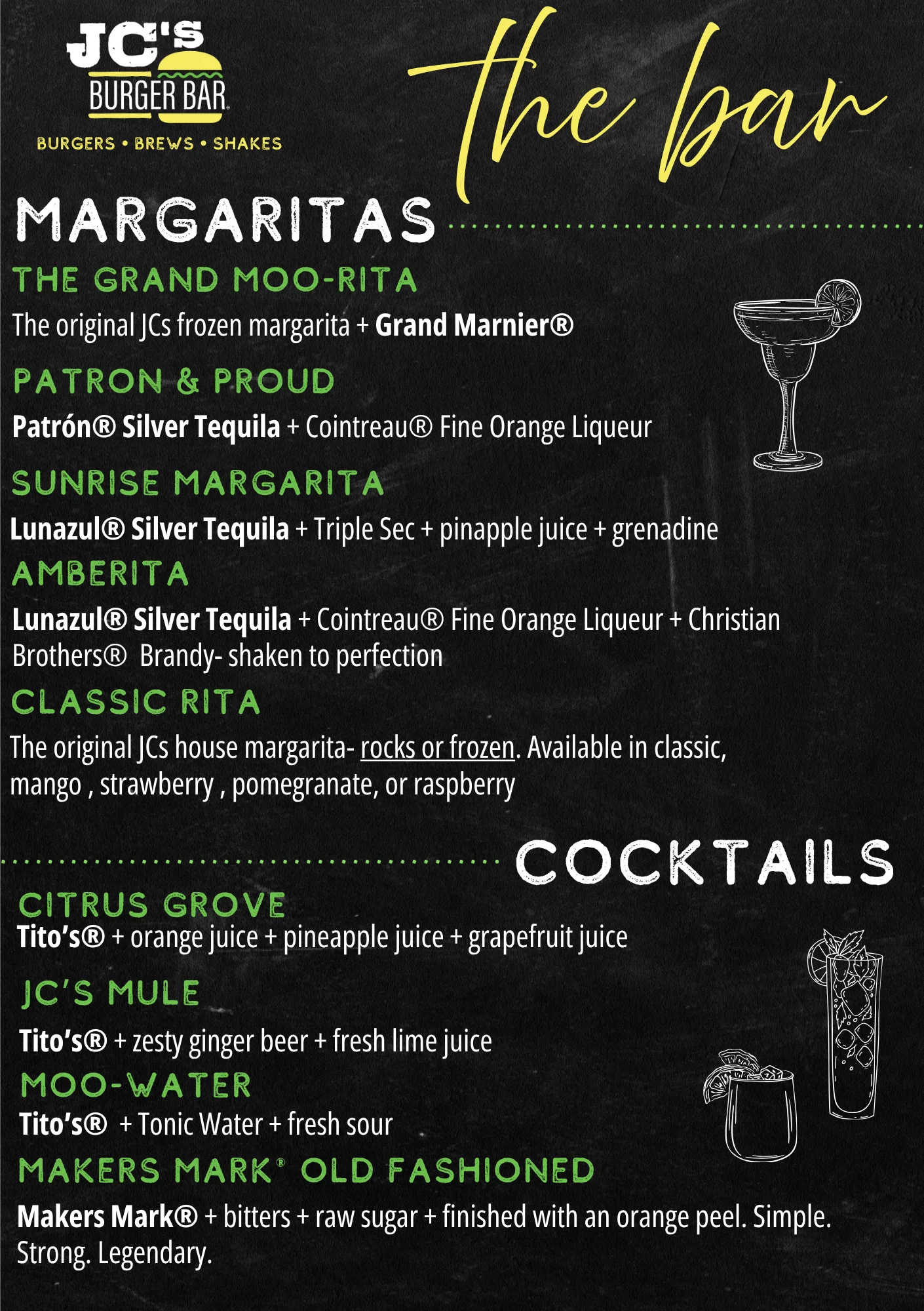 Cocktail menu featuring various margaritas and cocktails
