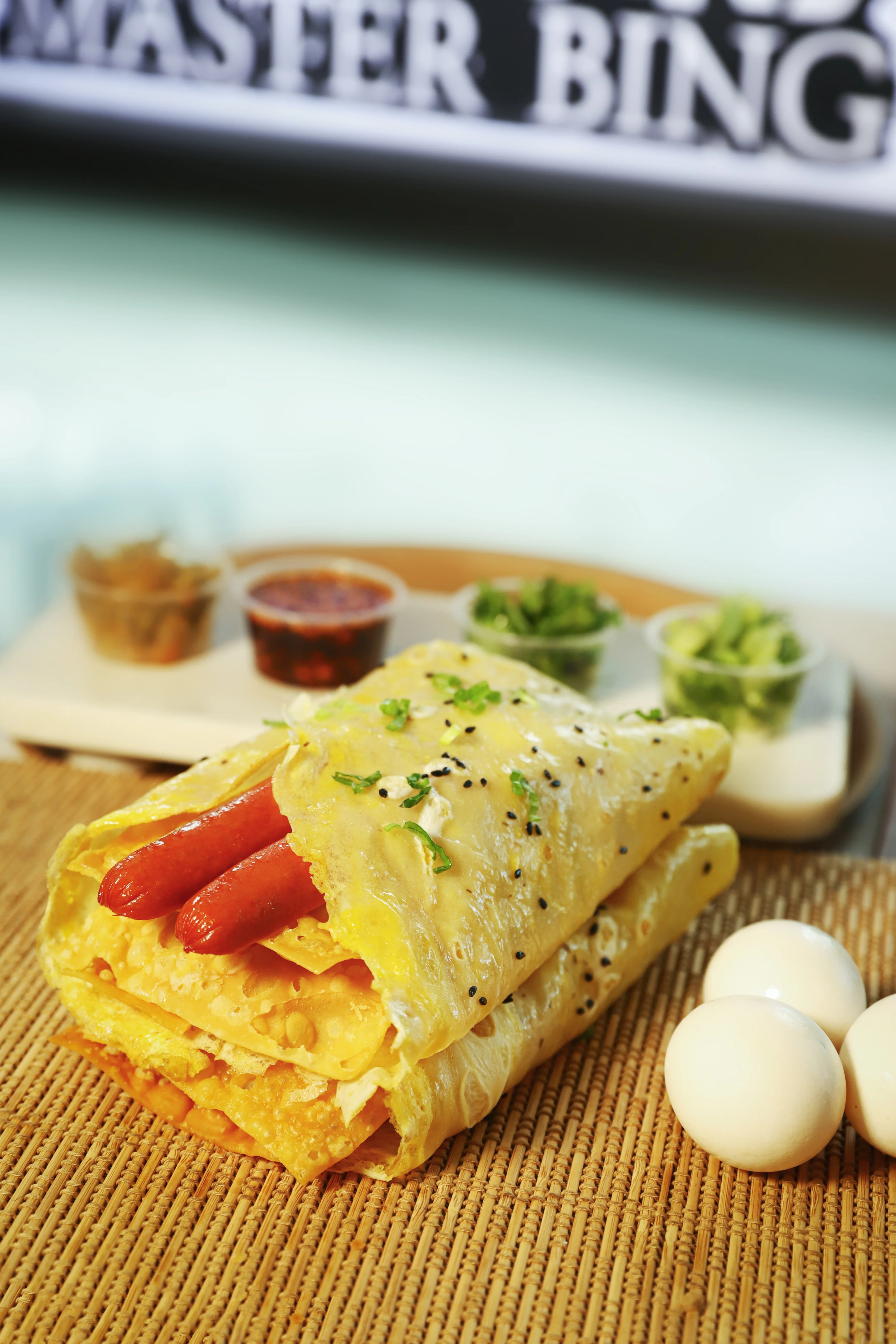 Delicious Indian egg dosa with sausages
